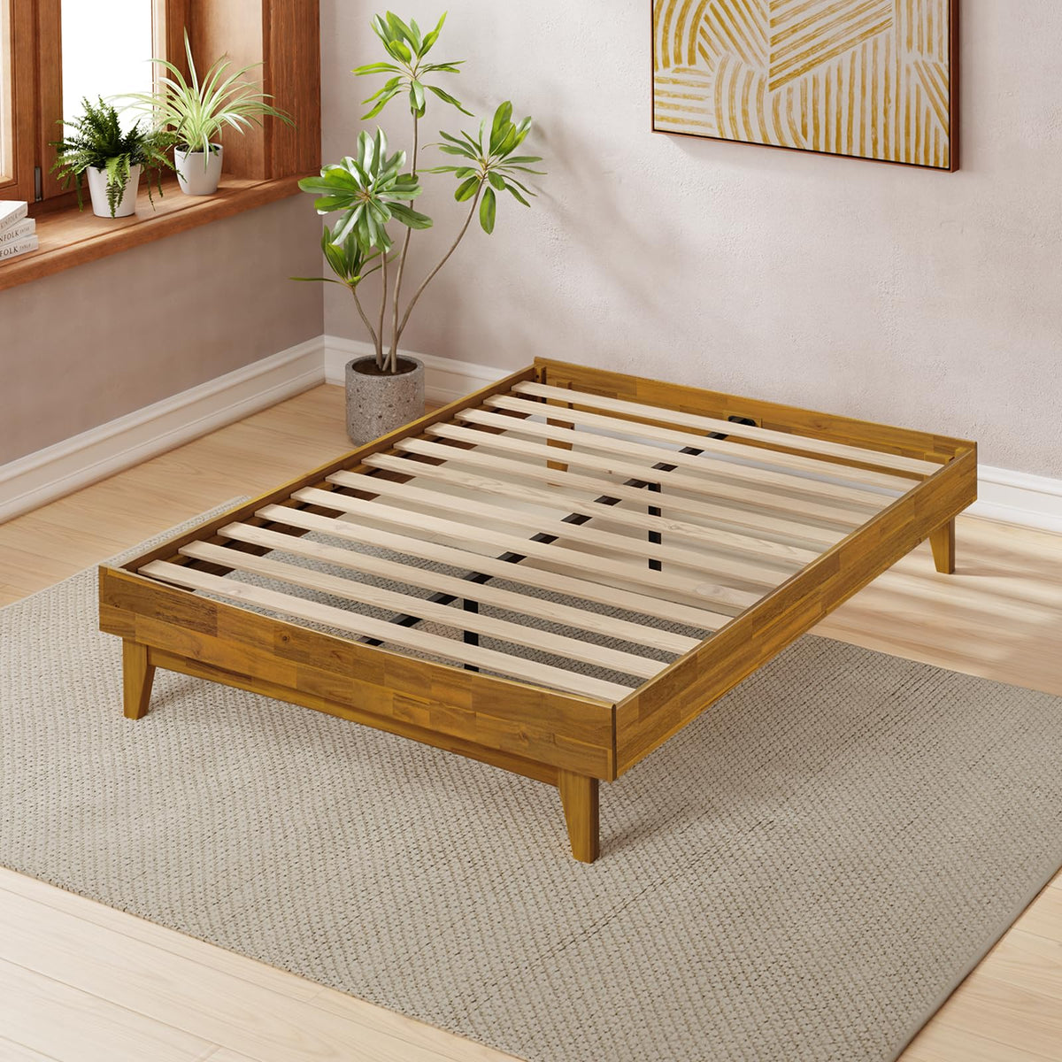 Catherine full platform bed frame designed with teak brown finish for bedroom styling