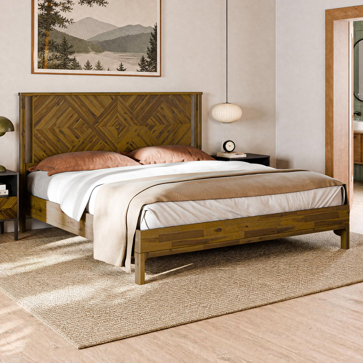 Solid king platform bed frame with solid wood and rustic dark brown finish for a complete bed arrangement