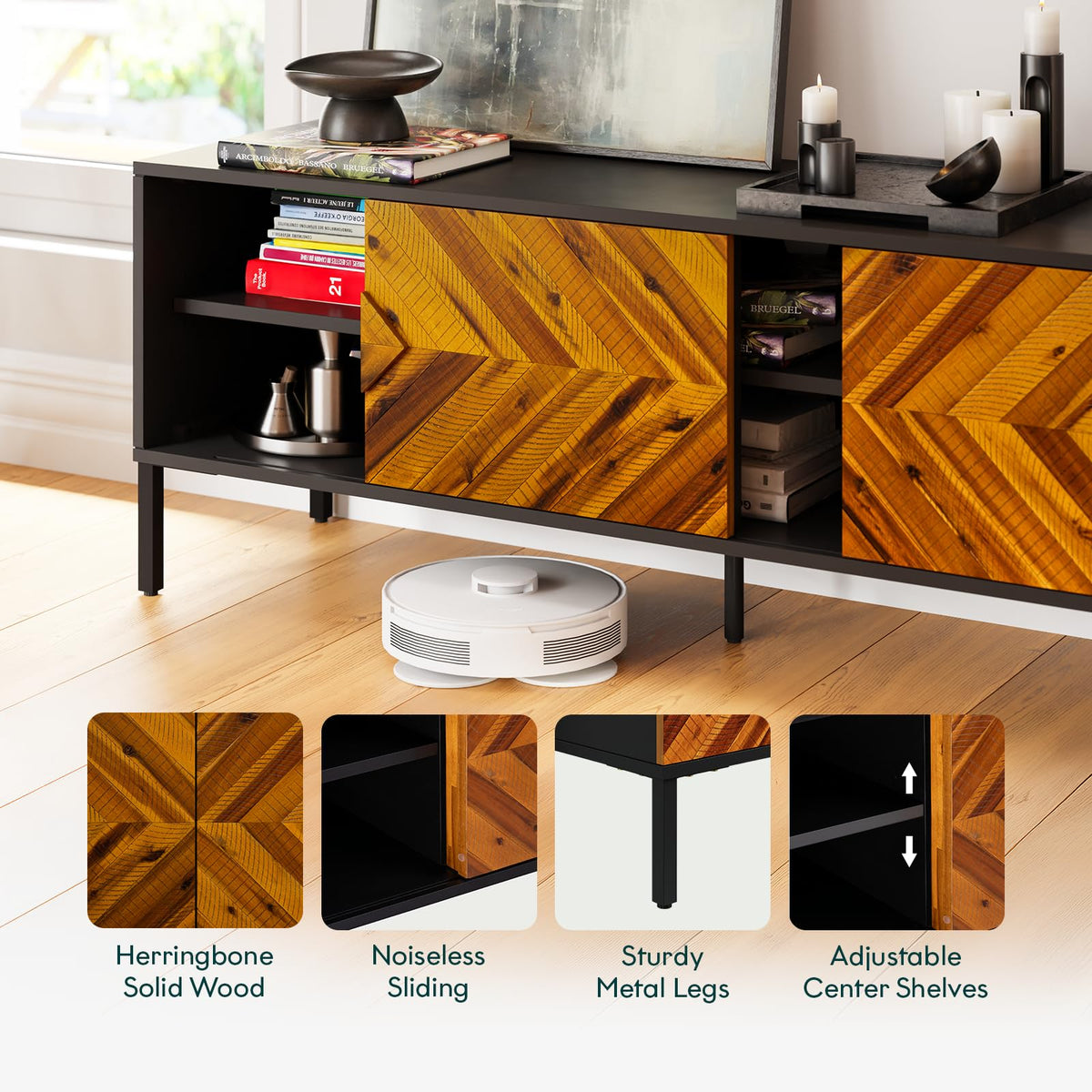 Vivian TV stand with rustic golden brown finish and media storage for entertainment devices