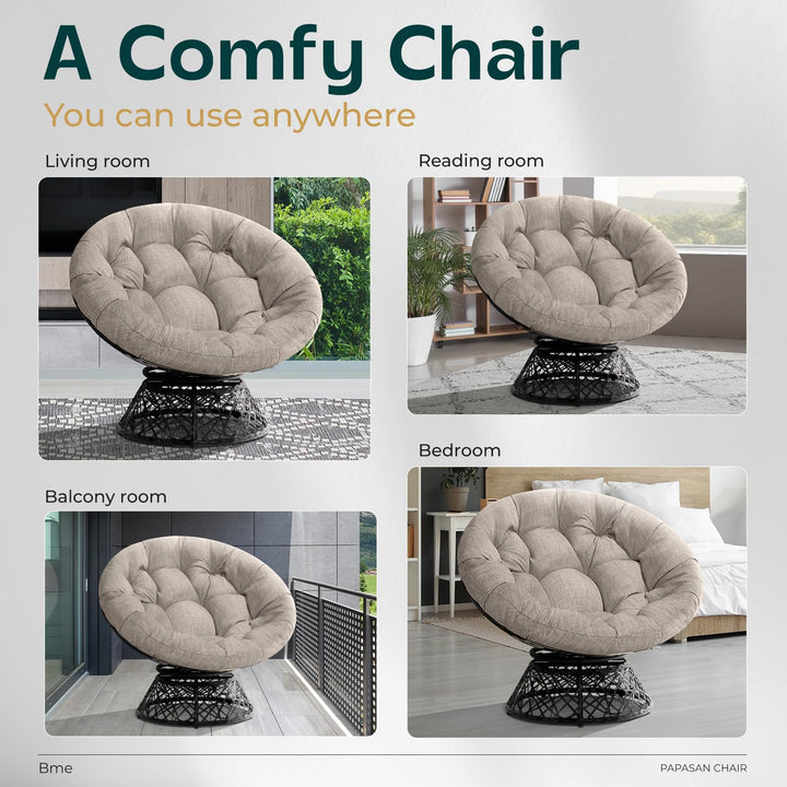 Papasan chair with silver cloud cushion and black frame; for reading and resting