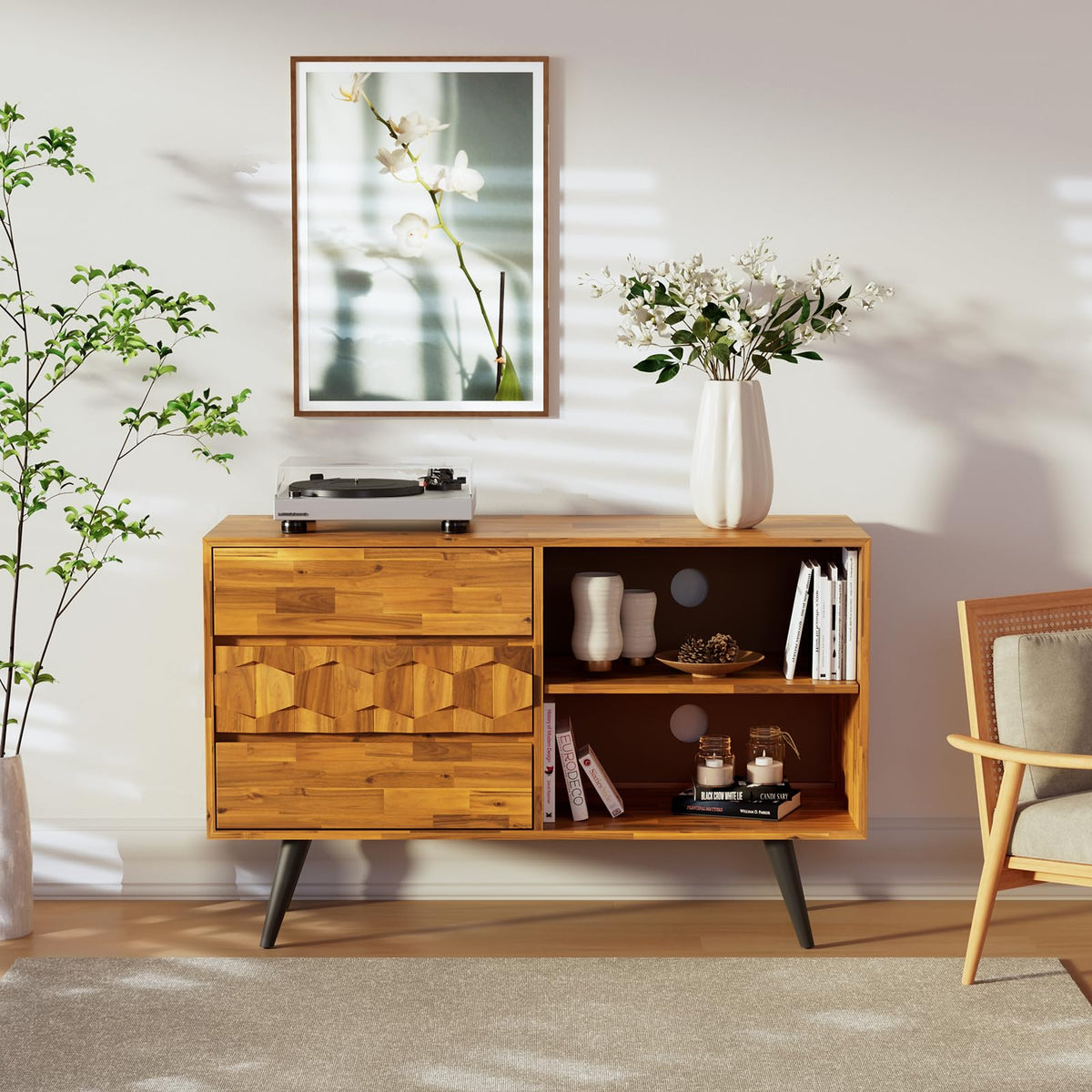 Georgina TV stand designed with 3-drawer, teak brown finish, and media storage for living room media