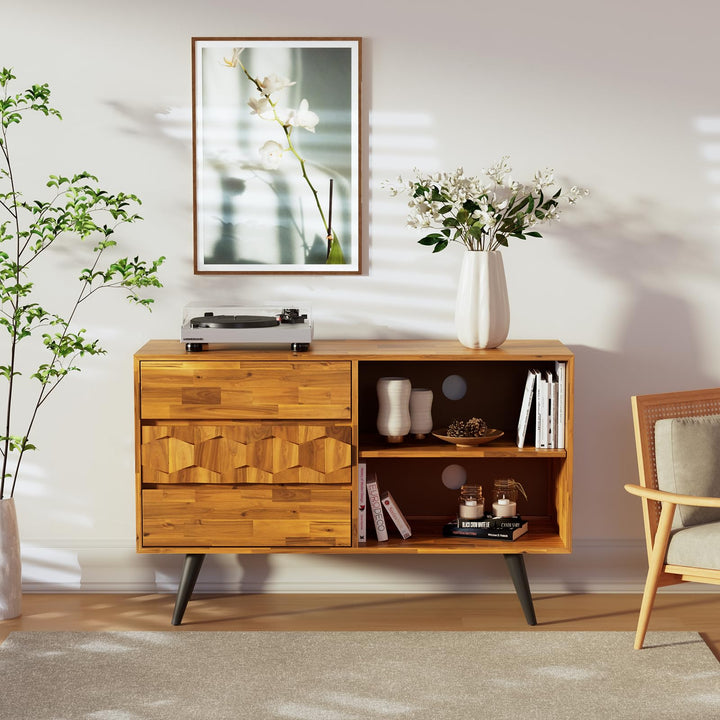 Georgina TV stand designed with 3-drawer, teak brown finish, and media storage for living room media
