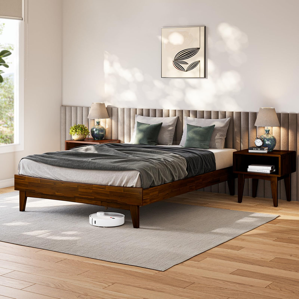 Catherine queen platform bed frame, featuring dark chocolate finish, for a platform bed setup