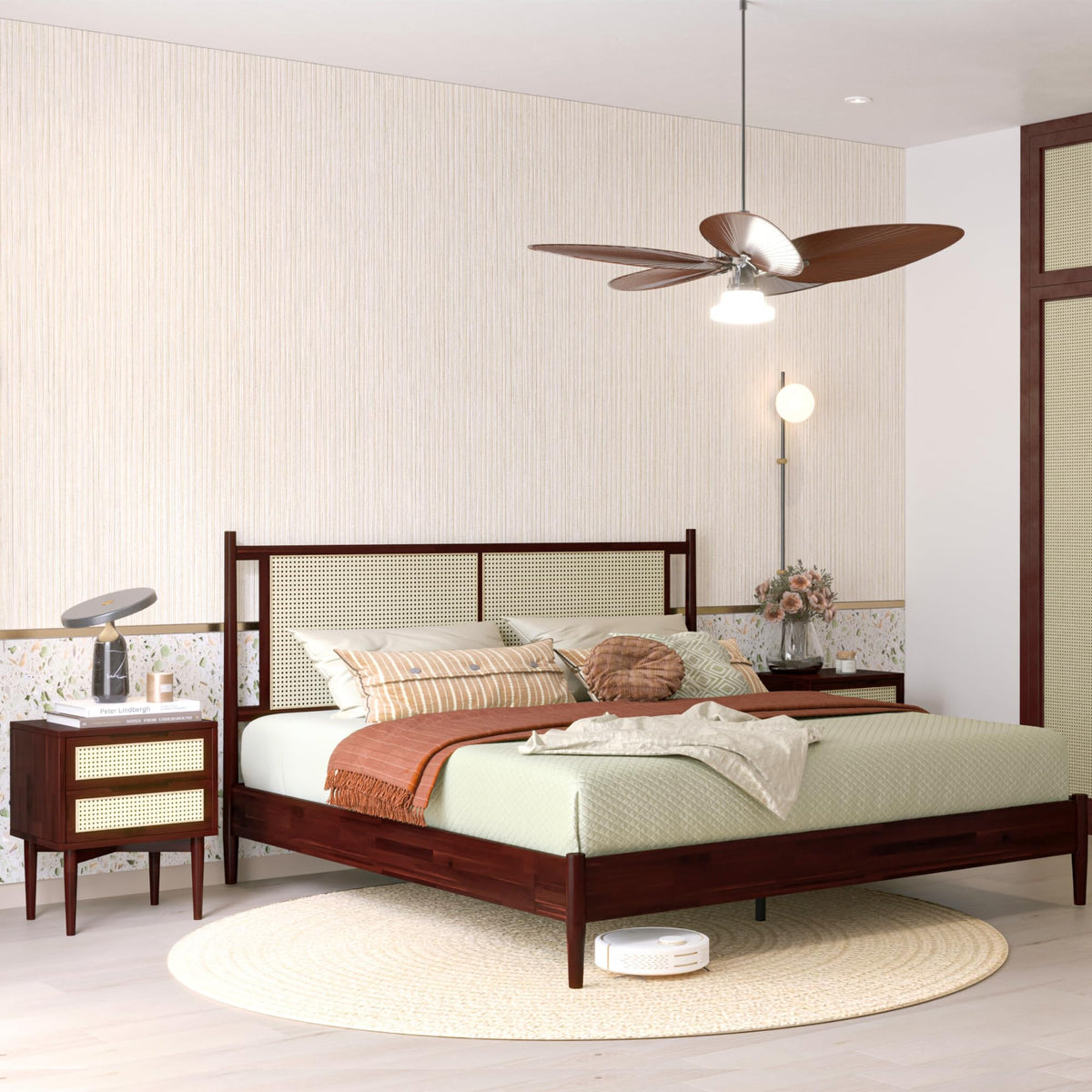 Oliver king platform bed frame designed with walnut finish for bedroom placement