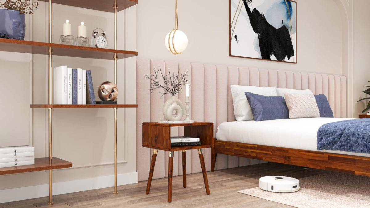 Dinkee nightstand with dark chocolate finish and bedside storage for a tidy bedside area