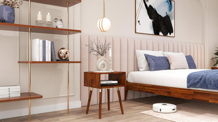 Dinkee nightstand with dark chocolate finish and bedside storage for a tidy bedside area