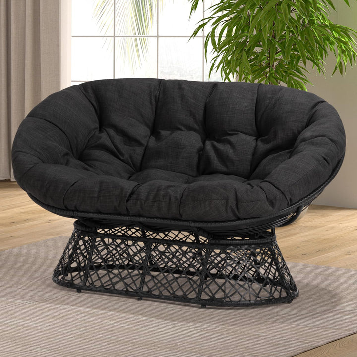 Metal double papasan chair, featuring black cushion, black frame, and double-seat design, for a reading corner