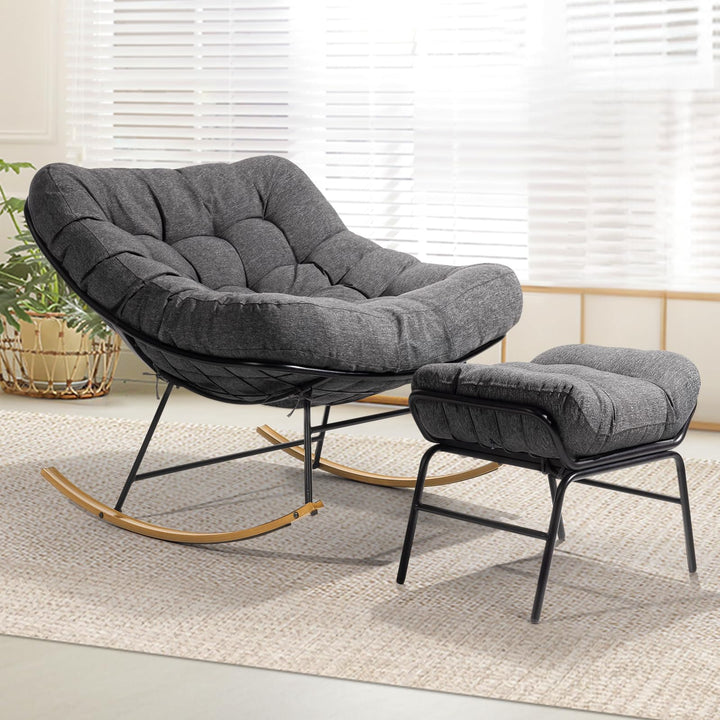 Metal moon rocking chair with ottoman with grey cushion and wood-texture frame for indoor reading