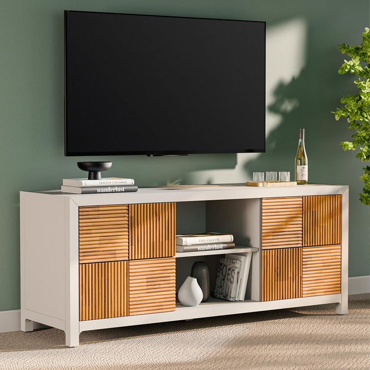 Madia TV stand with ivory white & teak brown finish and media storage for media storage
