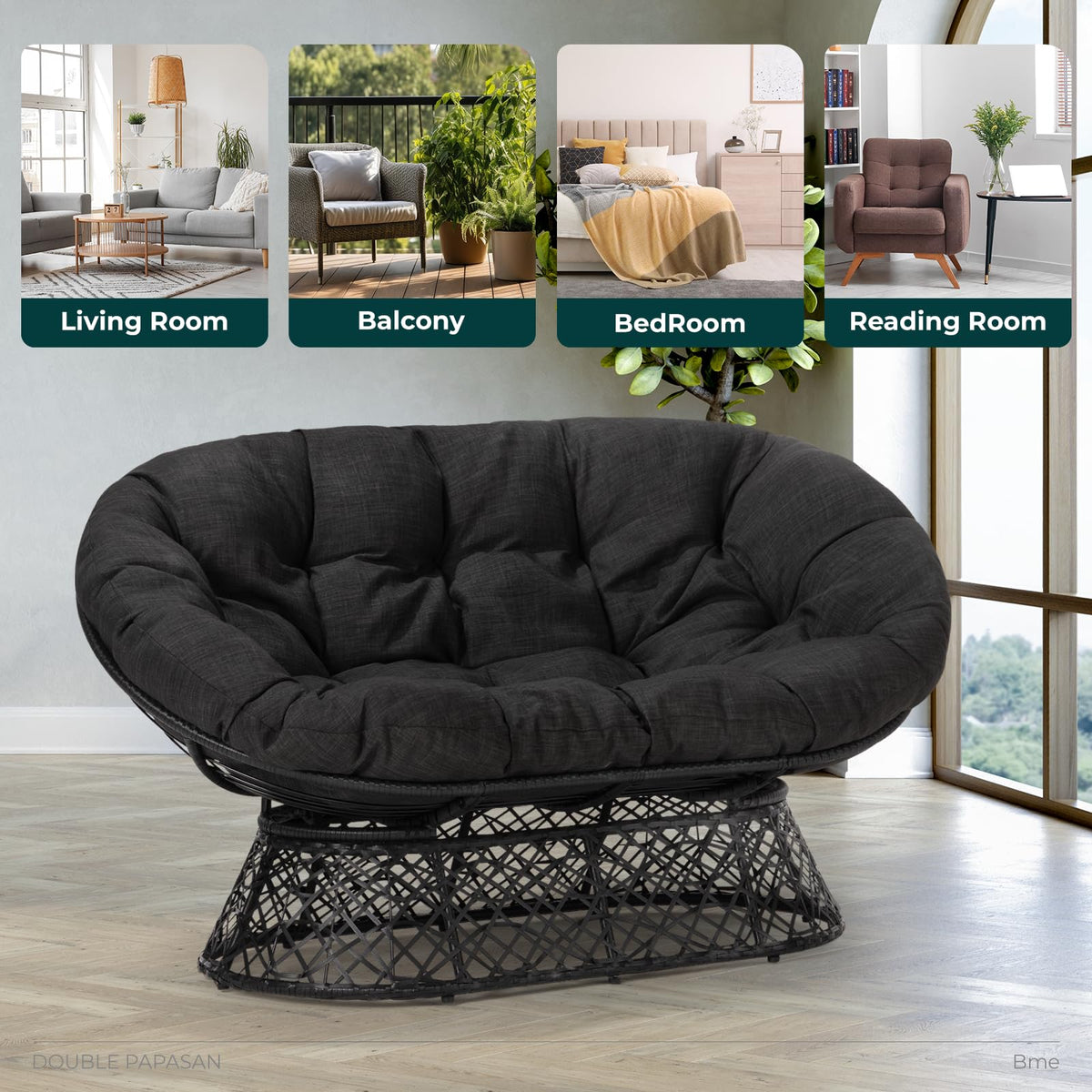 Metal double papasan chair with black cushion, black frame, and double-seat design; for reading and resting