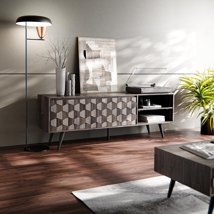 Georgina TV stand designed with 65-inch design, 2-door, mocha finish, and media storage for living room media