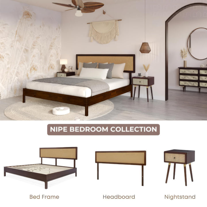 Nipe full platform bed frame with headboard and walnut finish; for sleep-space furnishing