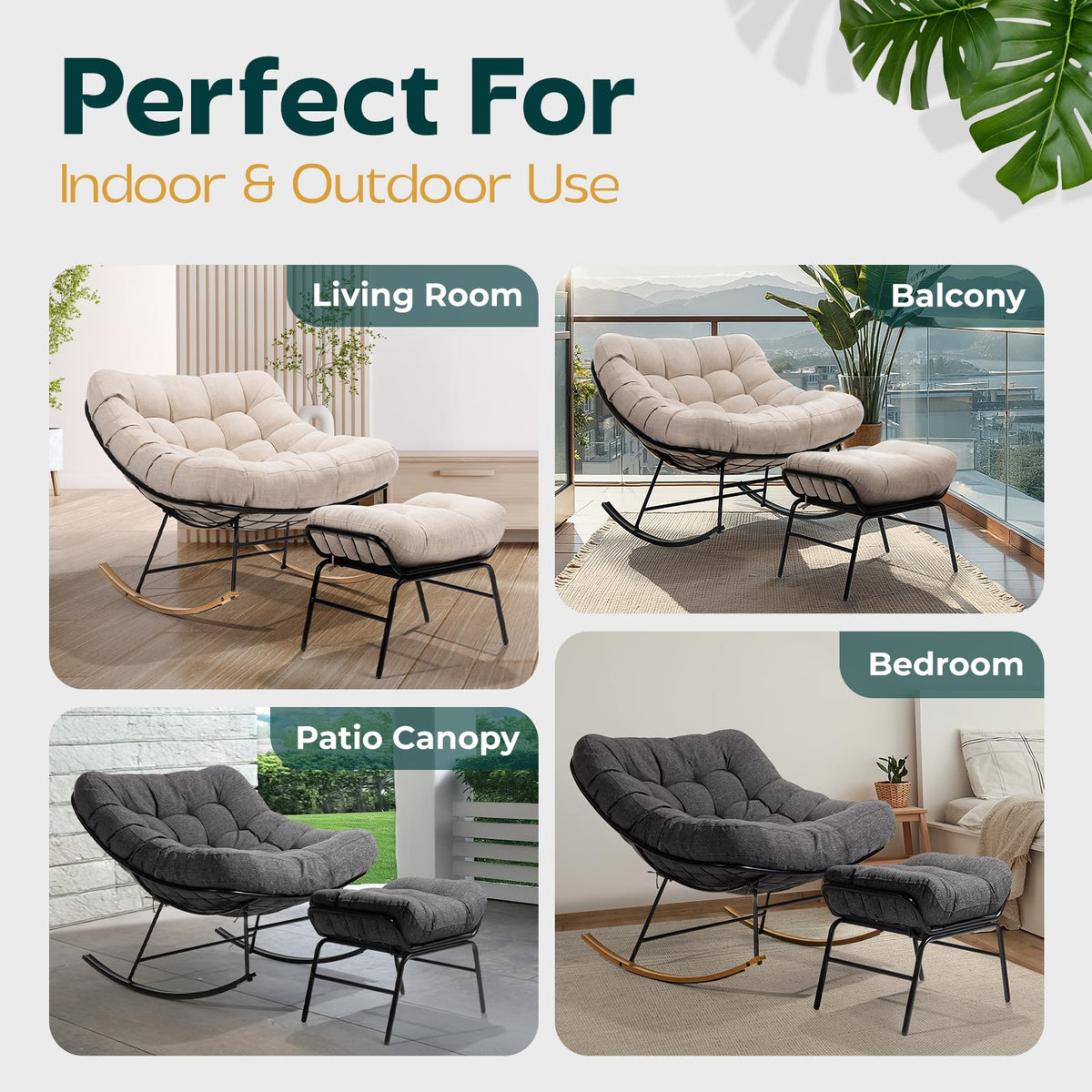 Metal moon rocking chair with ottoman with grey cushion and black matte frame for casual indoor use