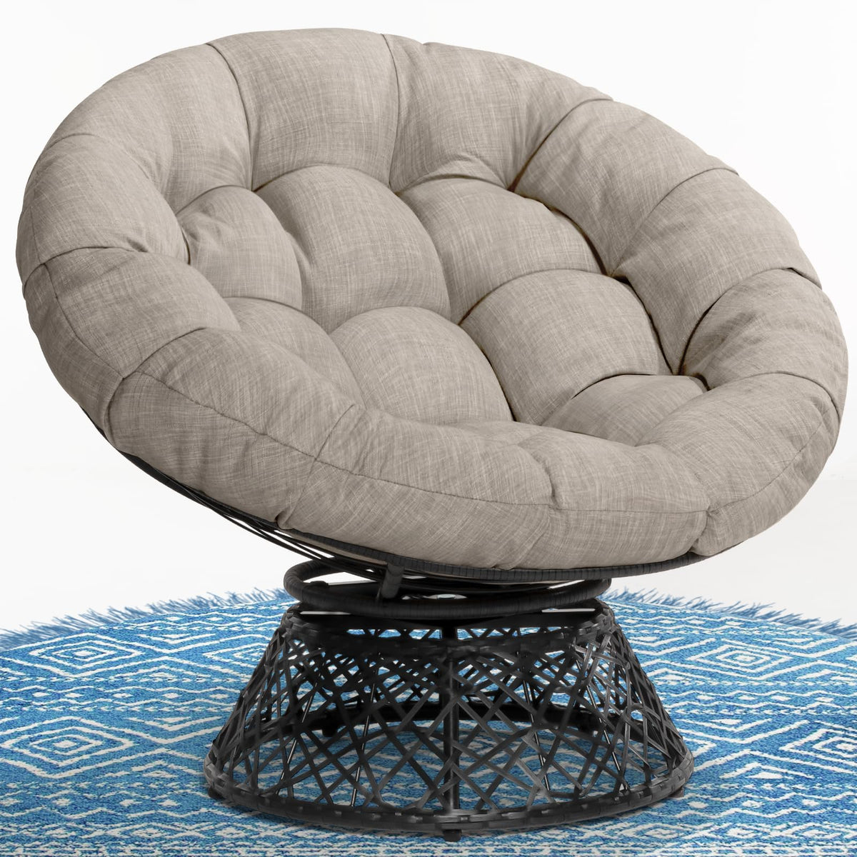 Papasan chair with silver cloud cushion and black frame for indoor lounge seating