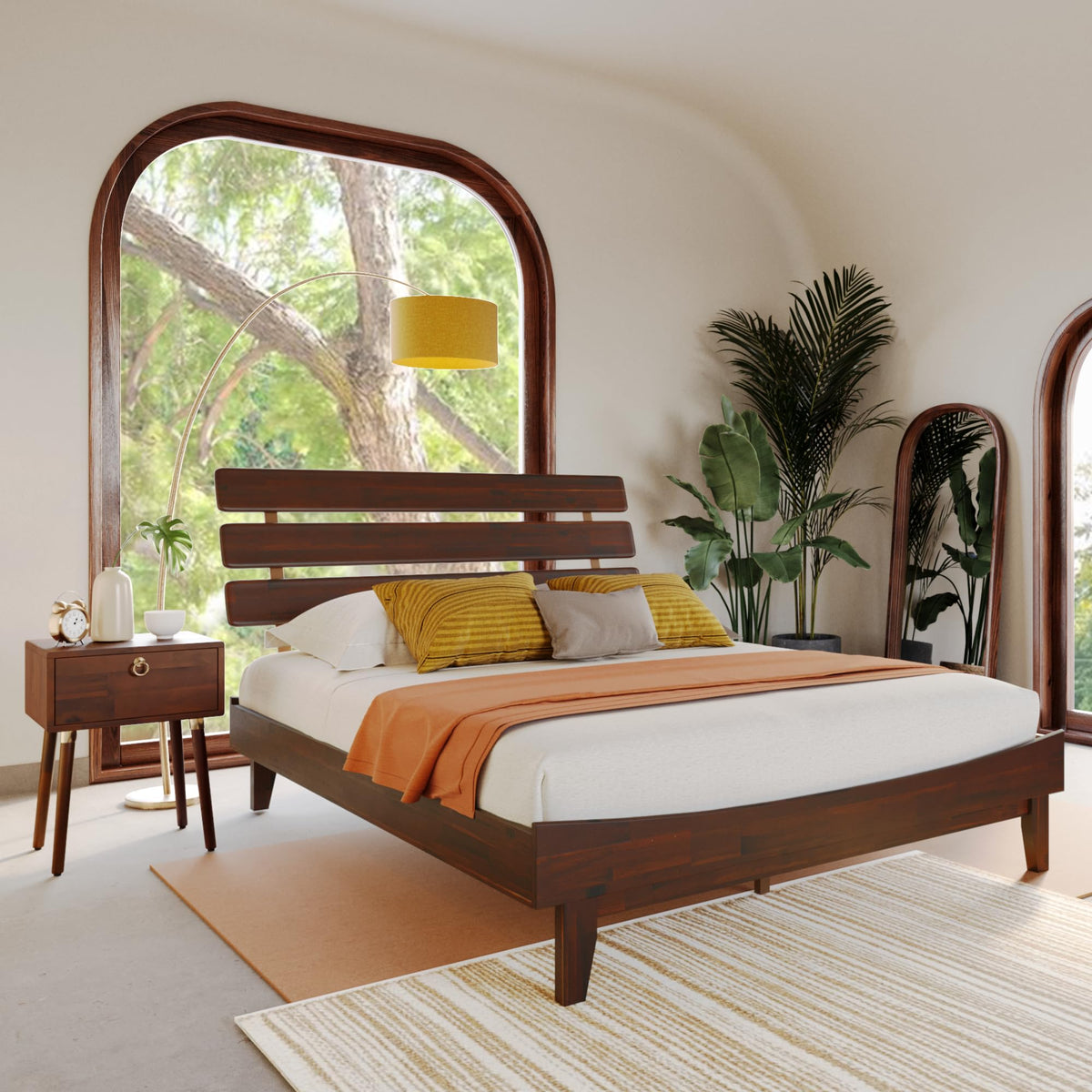 Caden queen platform bed frame, featuring headboard and walnut finish, for daily bedroom use