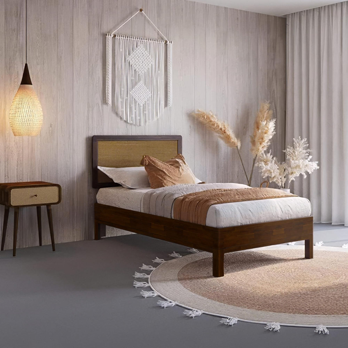 Nipe twin platform bed frame with headboard and walnut finish; for bedroom furniture