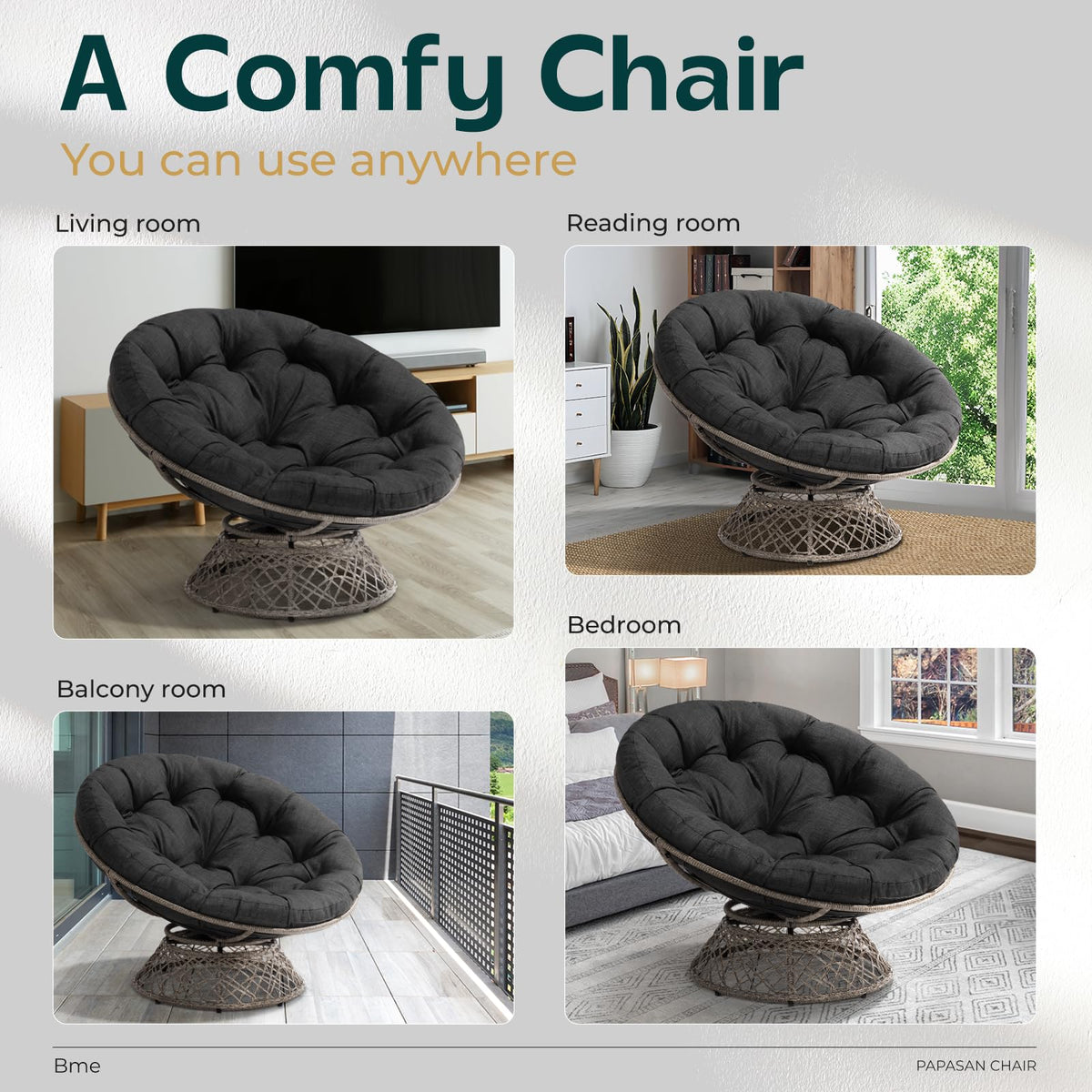 Metal oversized swivel papasan chair, featuring black cushion, gray frame, and oversized swivel design, for a lounge area