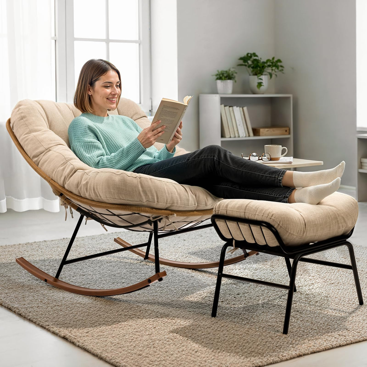Metal moon rocking chair with ottoman, featuring beige cushion and wood-texture frame, for daily lounge use