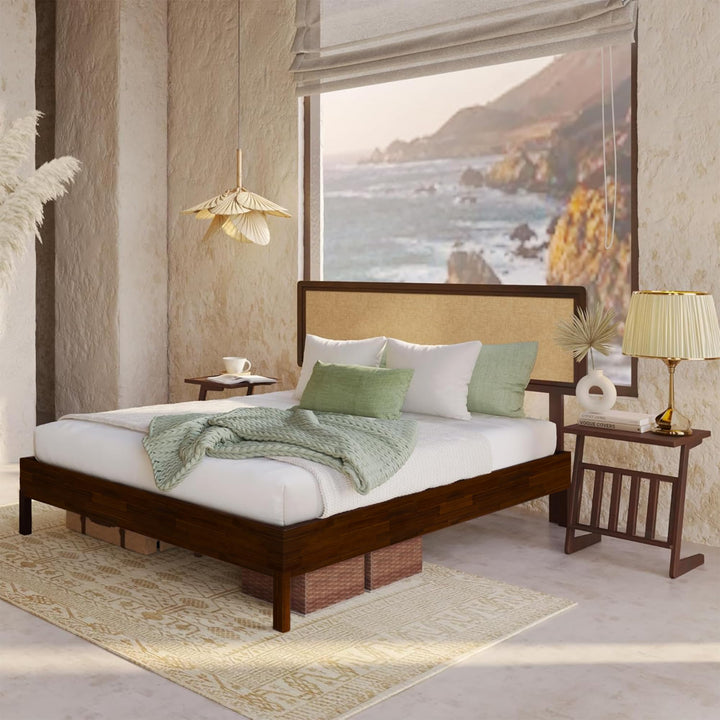 Nipe king platform bed frame with headboard and walnut finish for a complete bed arrangement