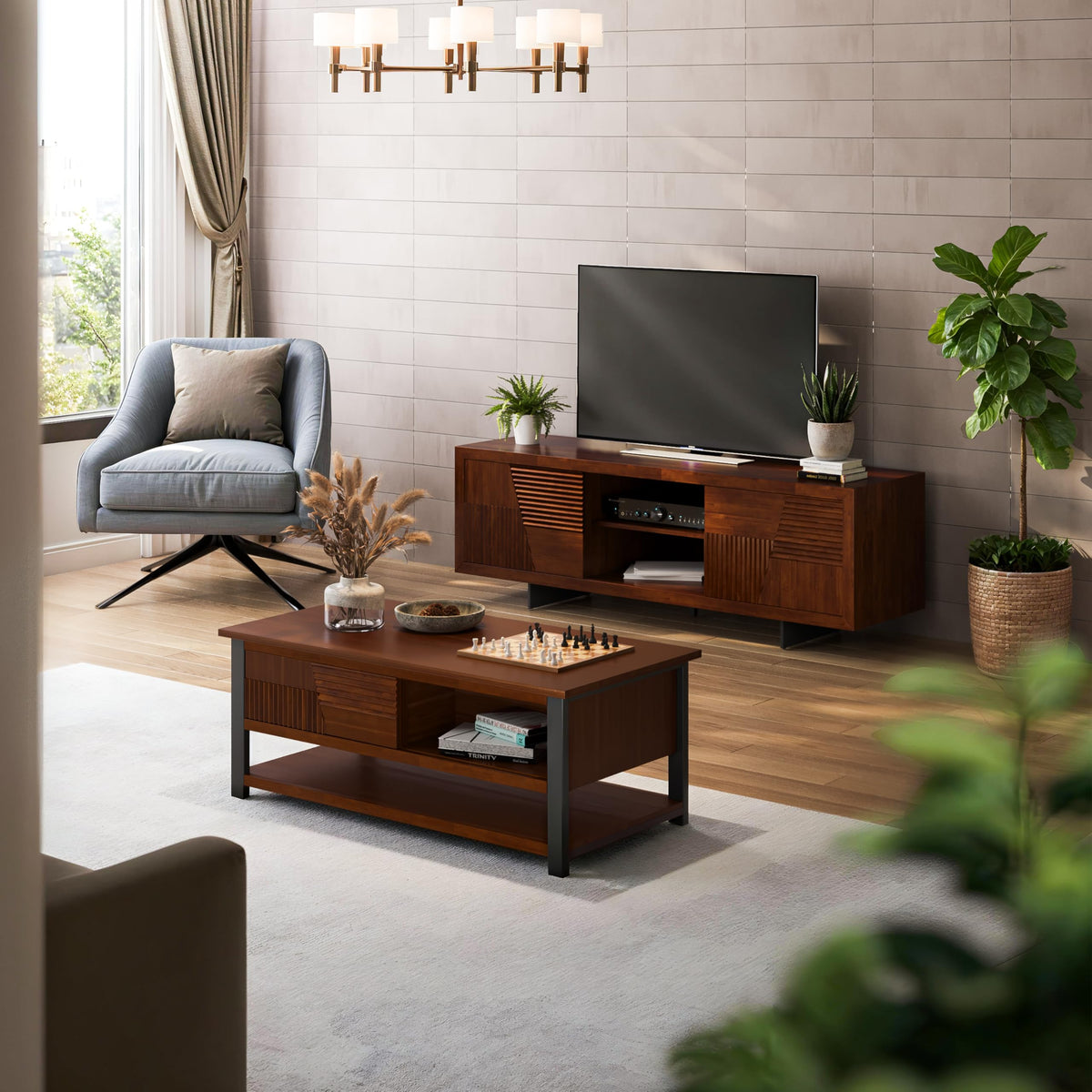 Trapeze coffee table, featuring walnut finish and living room table, for everyday surface space