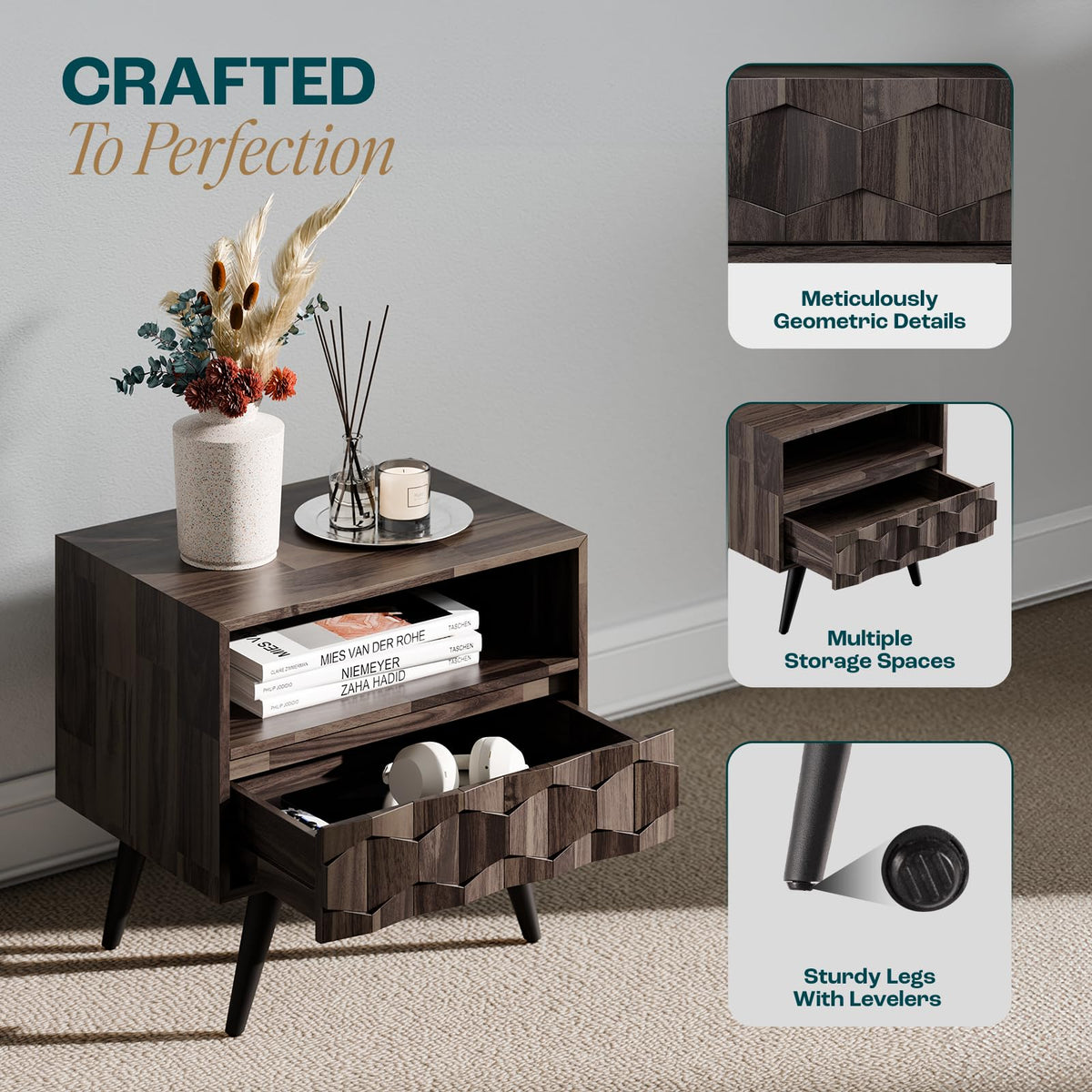 Georgina 1-drawer nightstand with mocha finish and bedside storage for lamps and books