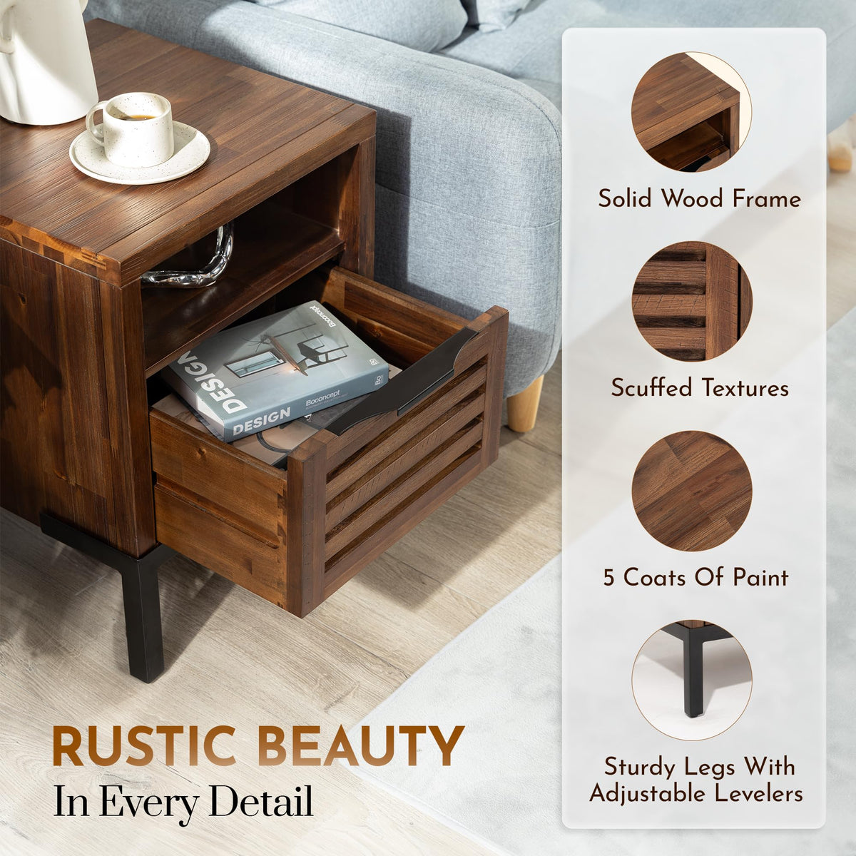 Millie side table with rustic chestnut finish and sofa-side or bedside table; for small-item storage