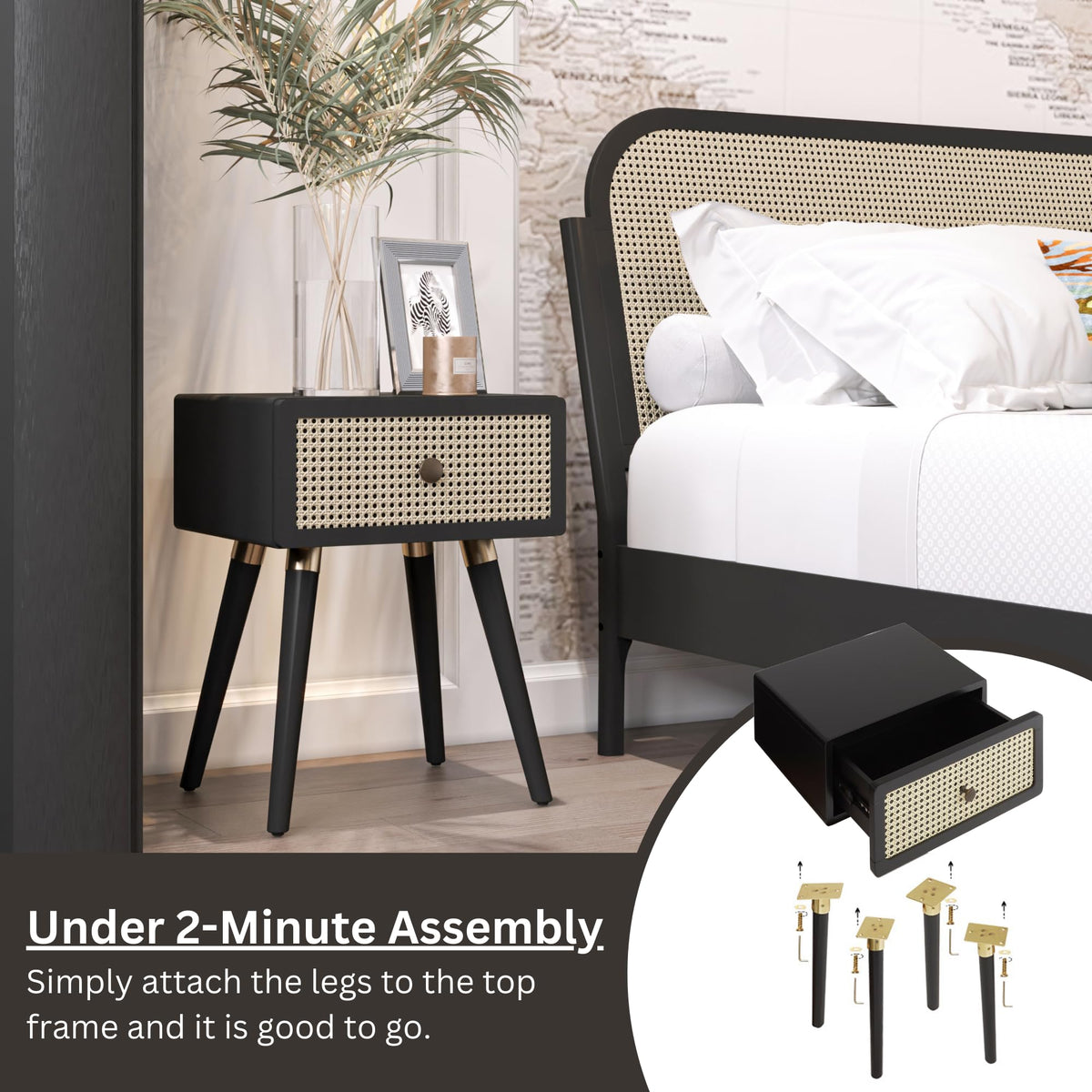 Nipe 1-drawer nightstand with black finish and bedside storage; for bedside essentials