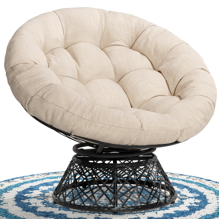 Papasan chair with sepia sand cushion for indoor lounge seating