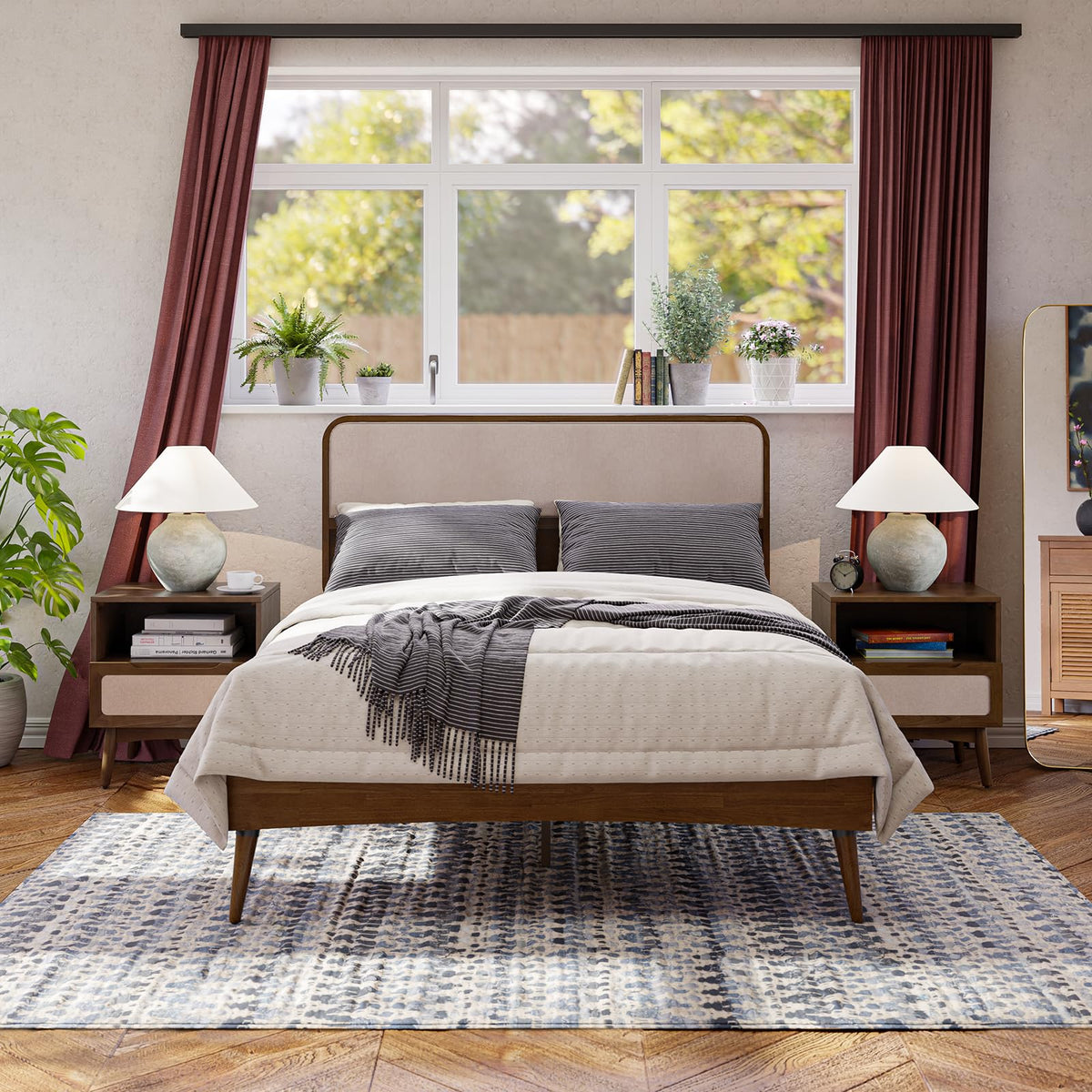 Calista queen platform bed frame with chestnut finish for a complete bed arrangement