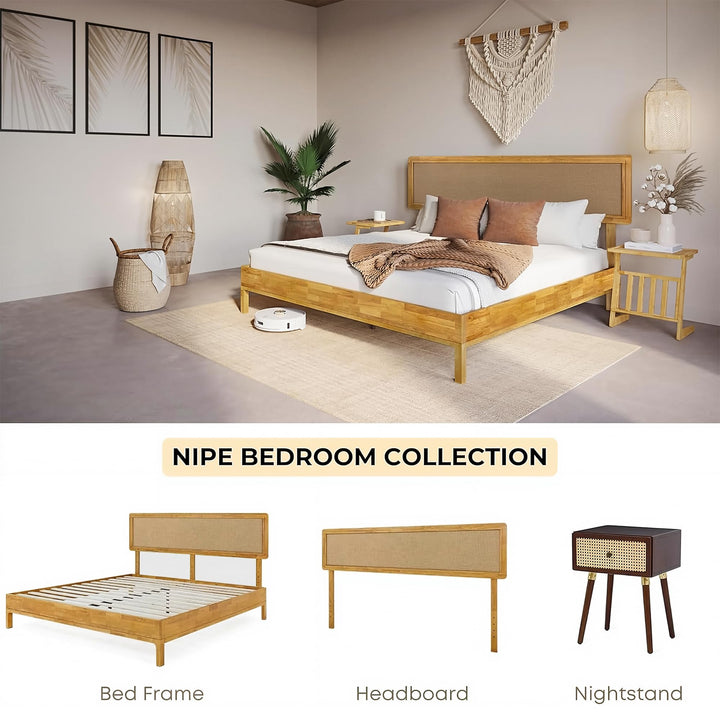Nipe king platform bed frame, featuring headboard, for a platform bed setup