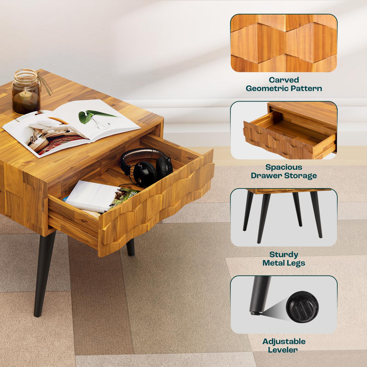 Georgina 1-drawer side table, featuring teak brown finish and sofa-side or bedside table, for compact surface space