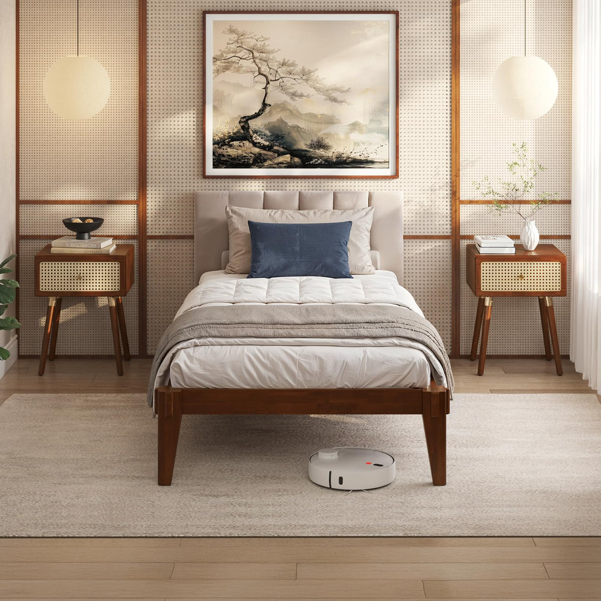 Chalipa twin platform bed frame with headboard- design and walnut finish for bedroom setup