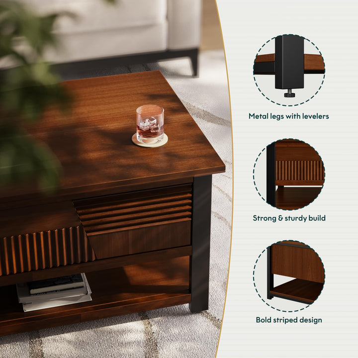 Trapeze coffee table with walnut finish and living room table; for tabletop display