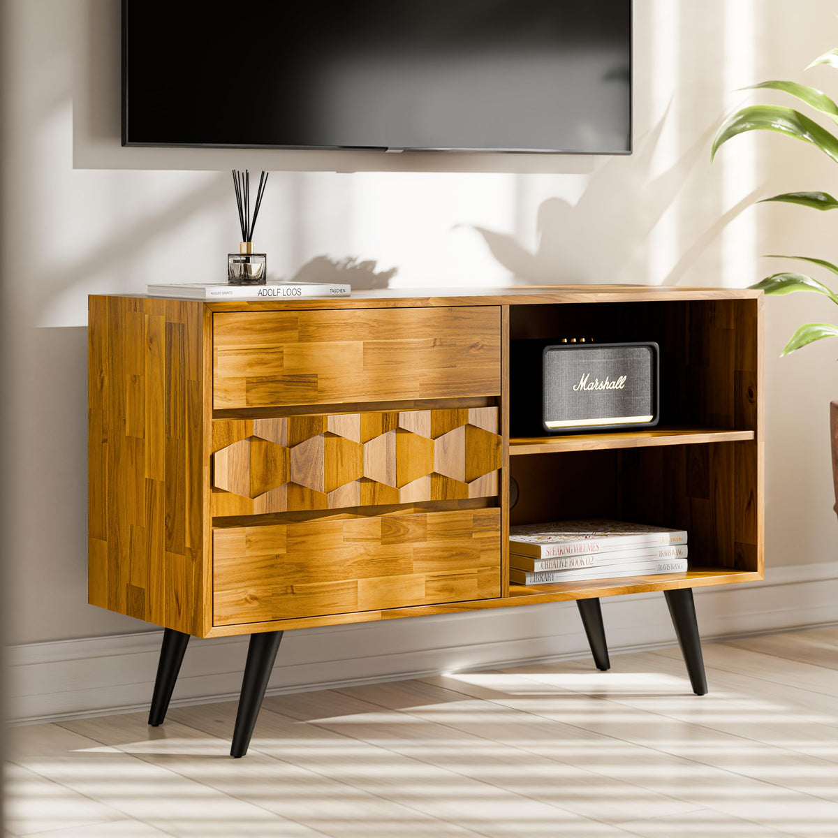 Georgina TV stand with 3-drawer, teak brown finish, and media storage for media storage