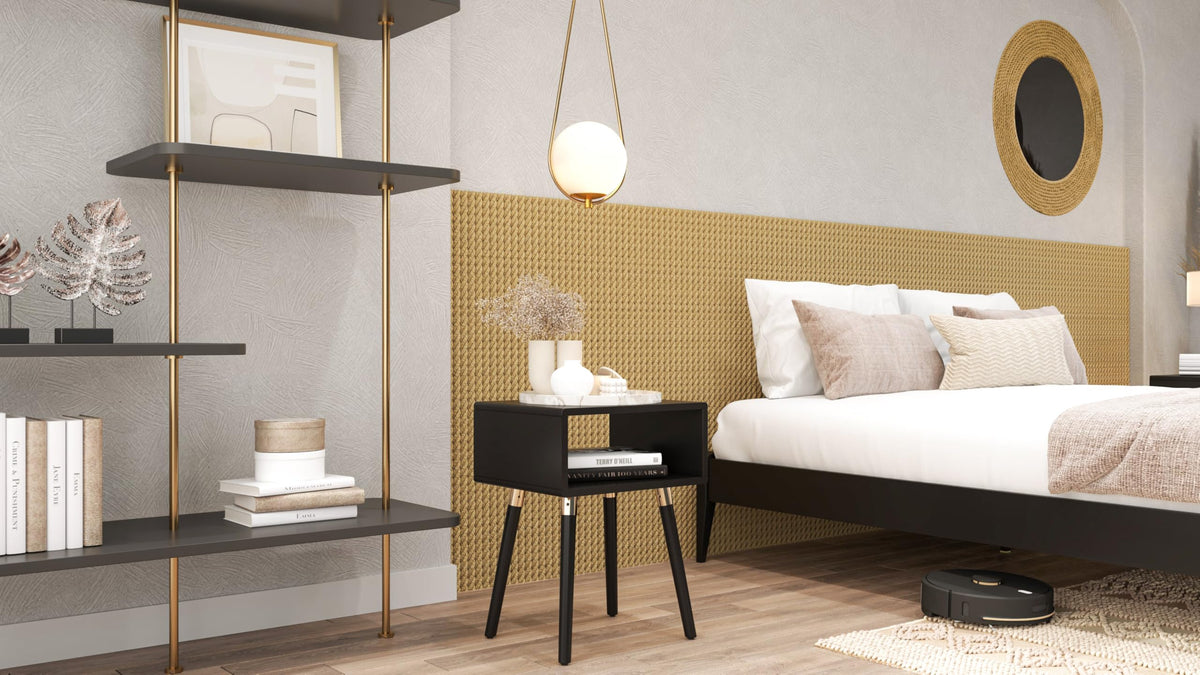 Dinkee nightstand with black finish and bedside storage for a tidy bedside area