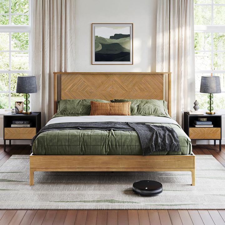 Ethan king platform bed frame with rustic seadrift finish for bedroom setup