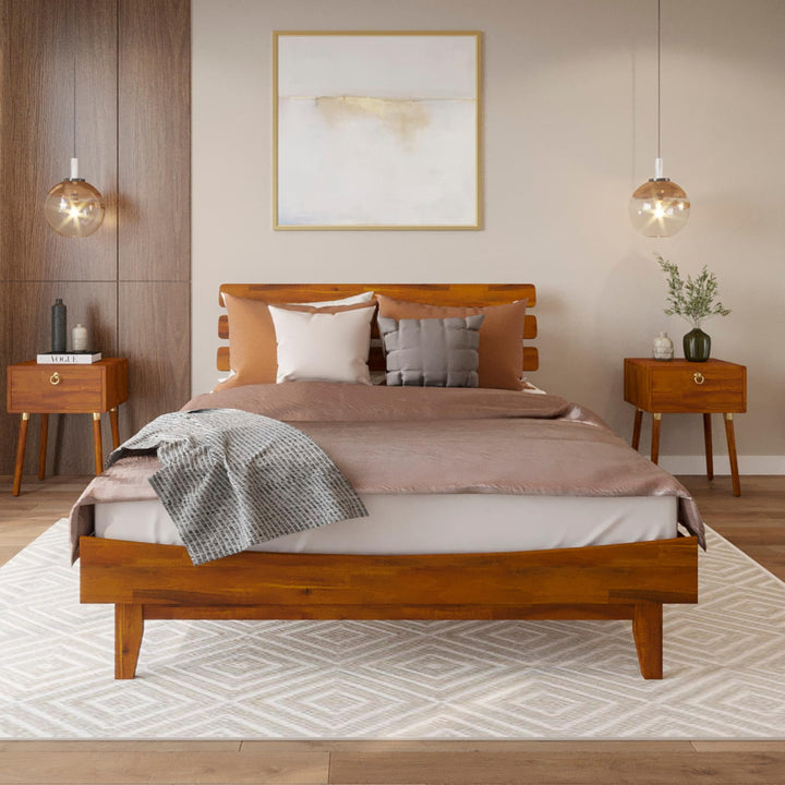 Caden queen platform bed frame with headboard and caramel finish for bedroom setup