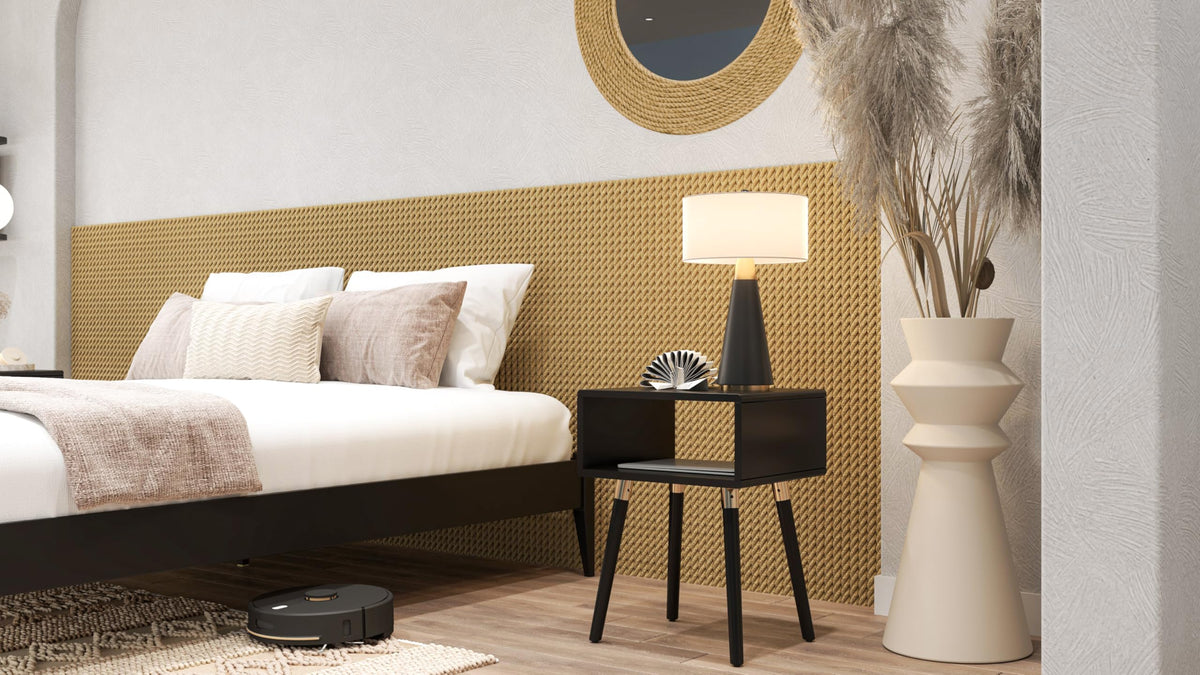 Dinkee nightstand designed with black finish and bedside storage for bedroom storage
