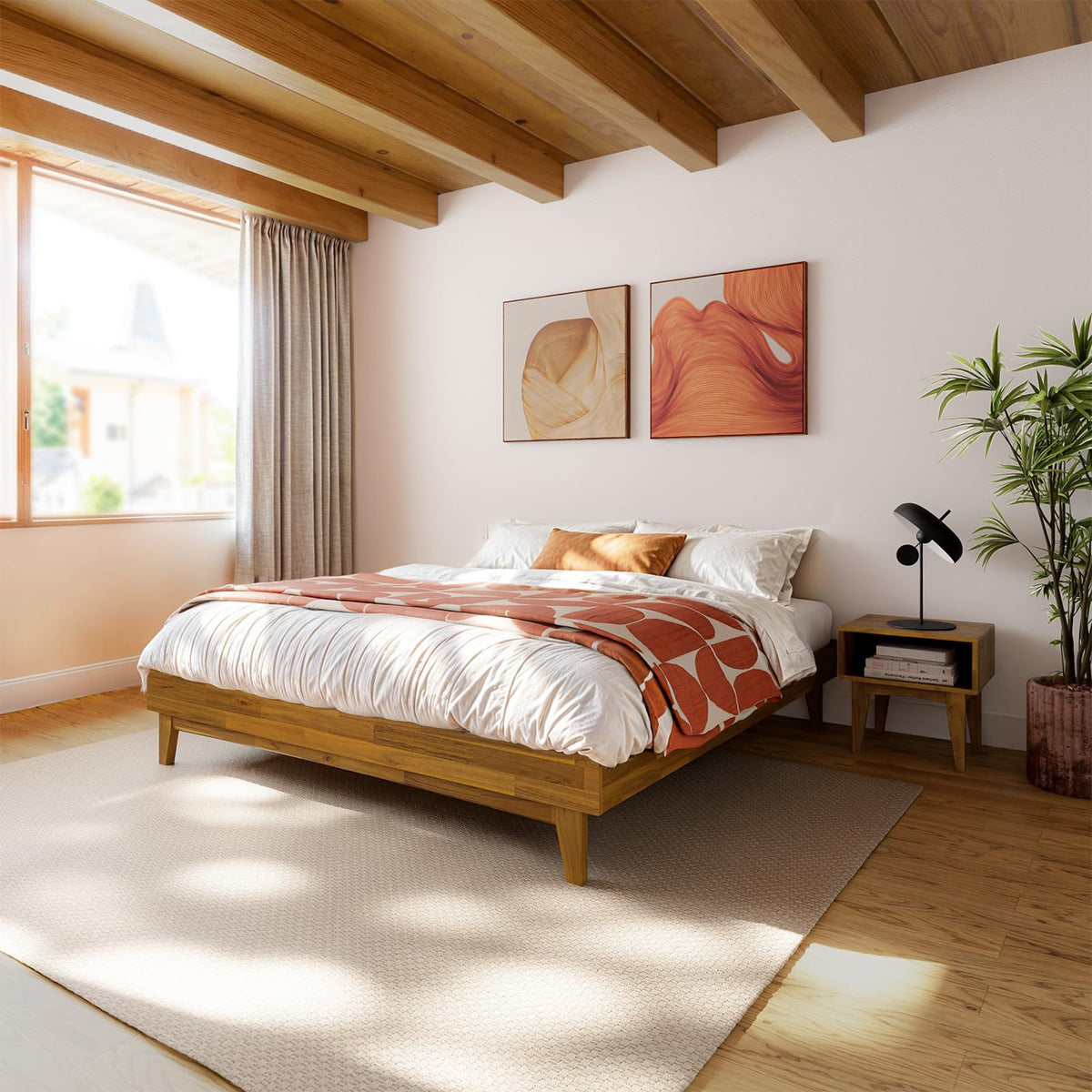 Catherine king platform bed frame, featuring teak brown finish, for a platform bed setup