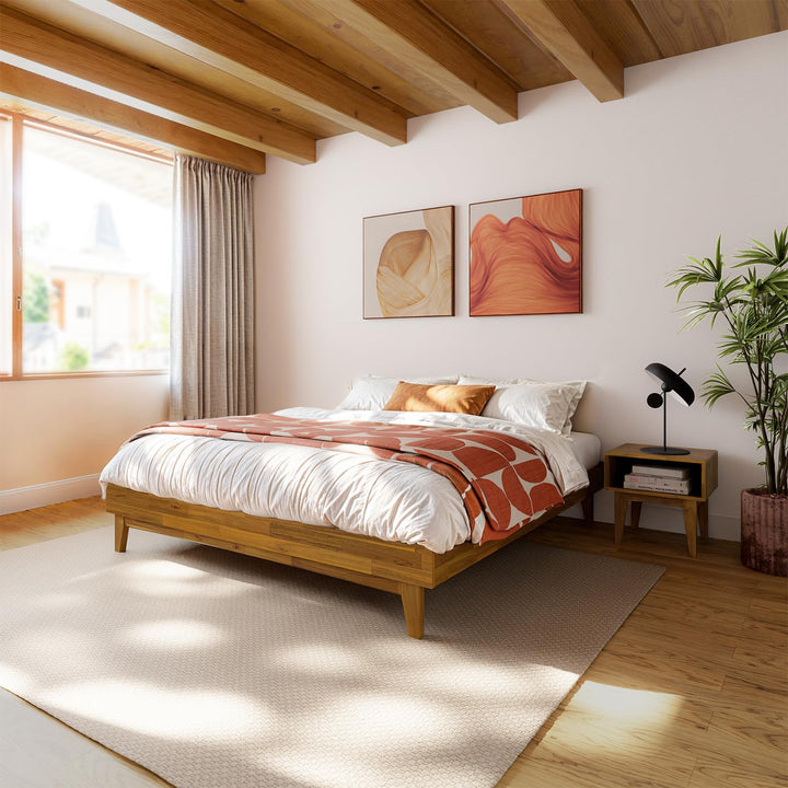 Catherine king platform bed frame, featuring teak brown finish, for a platform bed setup