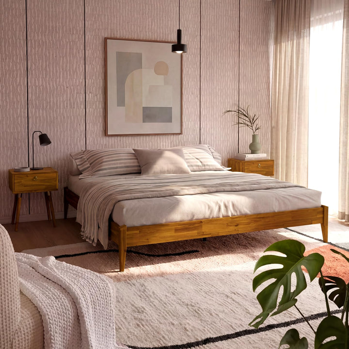 Dinkee king platform bed frame with headboard- design and caramel finish for mattress and bedroom setup