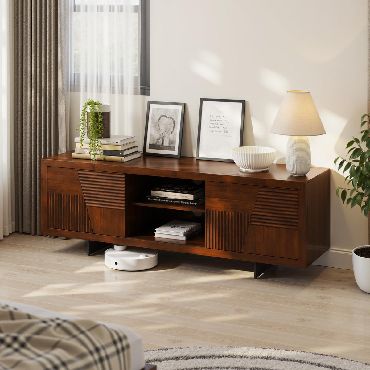 Trapeze TV stand with walnut finish and media storage; for living room setup