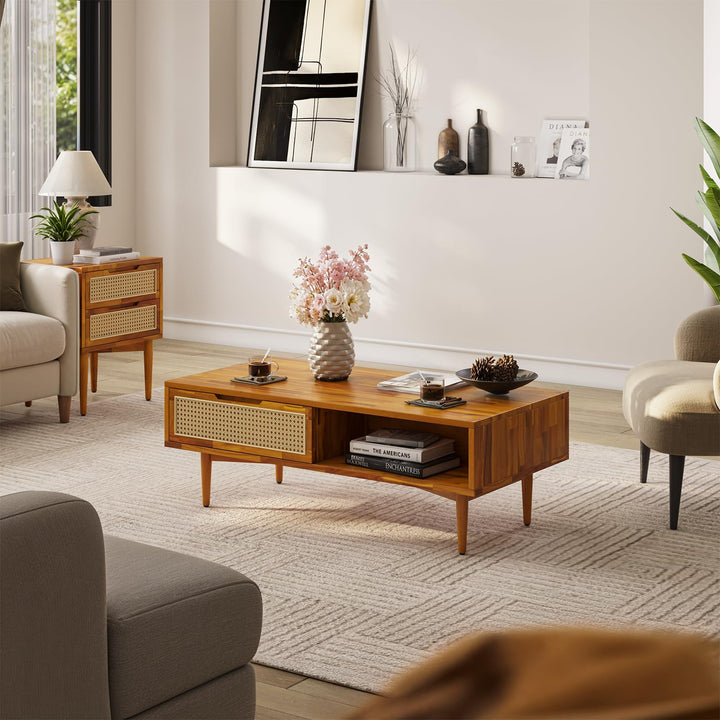 Oliver coffee table with caramel finish and living room table; for living room organization