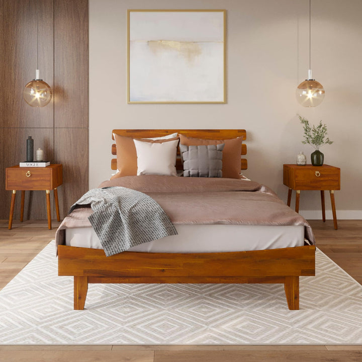 Caden full platform bed frame with headboard and caramel finish for bedroom setup