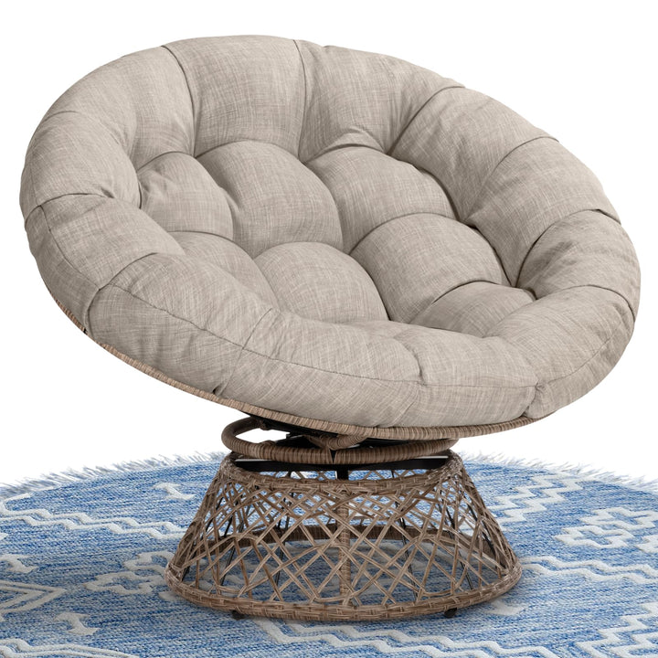 Papasan chair with silver cloud cushion and brown frame for indoor lounge seating