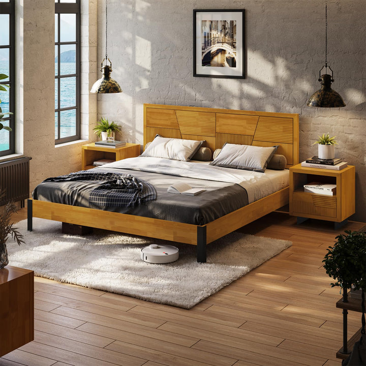 Trapeze king platform bed frame, featuring teak brown finish, for a platform bed setup