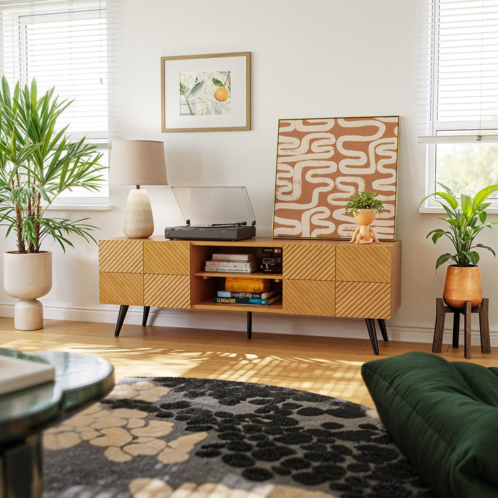Rhombus TV stand with teak brown finish and media storage; for living room setup
