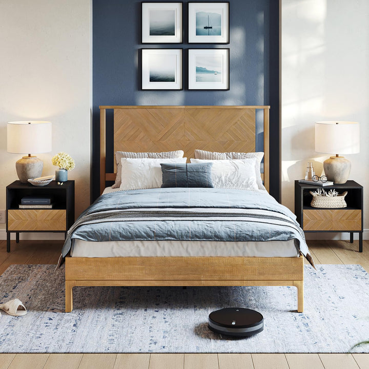 Ethan queen platform bed frame with rustic seadrift finish for bedroom setup