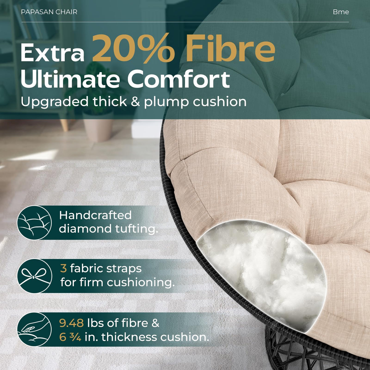 Papasan chair, featuring sepia sand cushion, for a reading corner