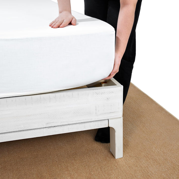 Ethan king platform bed frame, featuring headboard and rustic white finish, for daily bedroom use